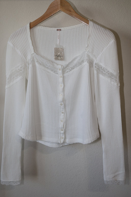 Free People Let’s Party Cardi Waffle Thermal Long Sleeve Lace top