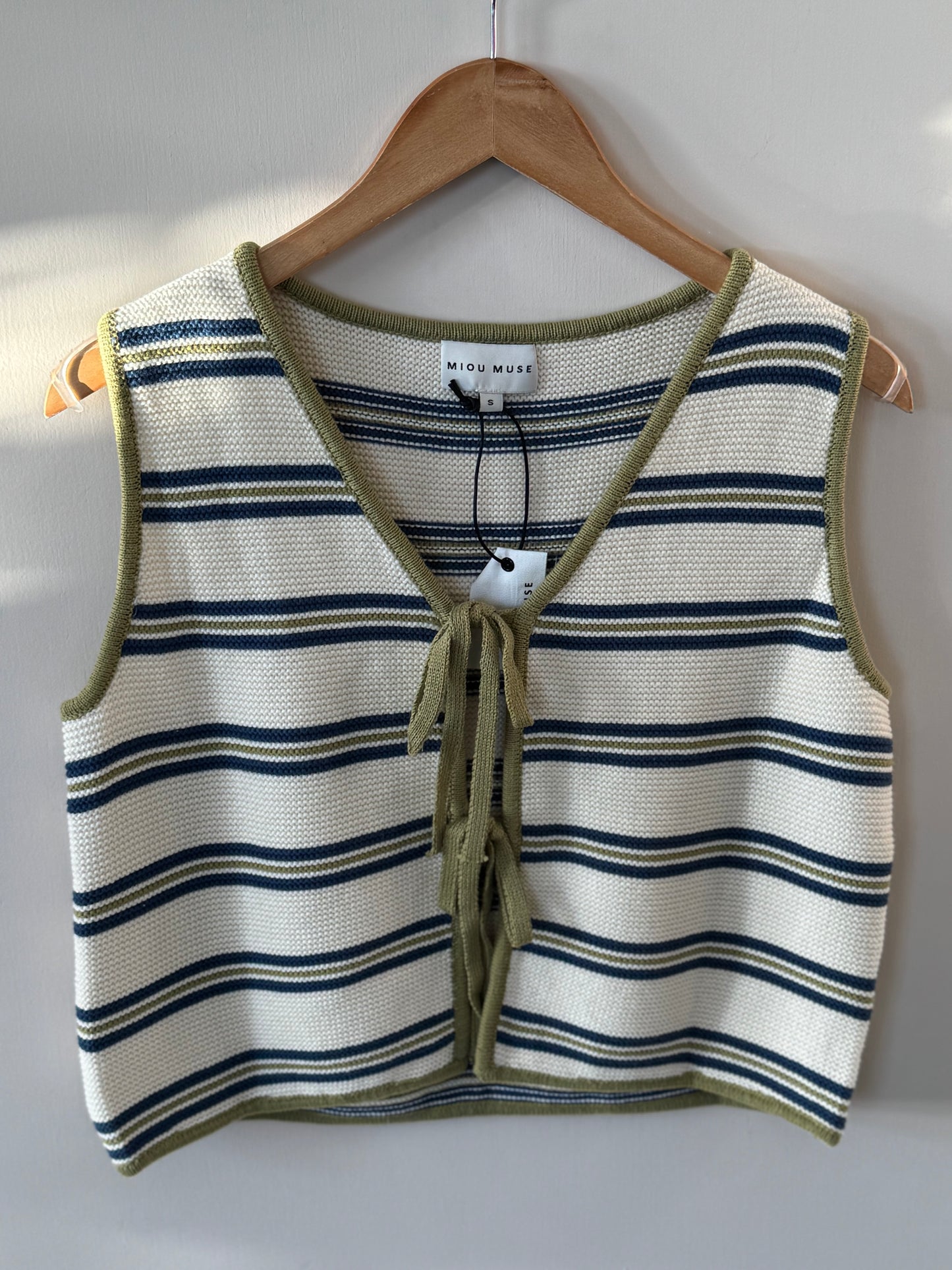 Miou Muse - Green/Navy Striped Tie Front Sweater Vest
