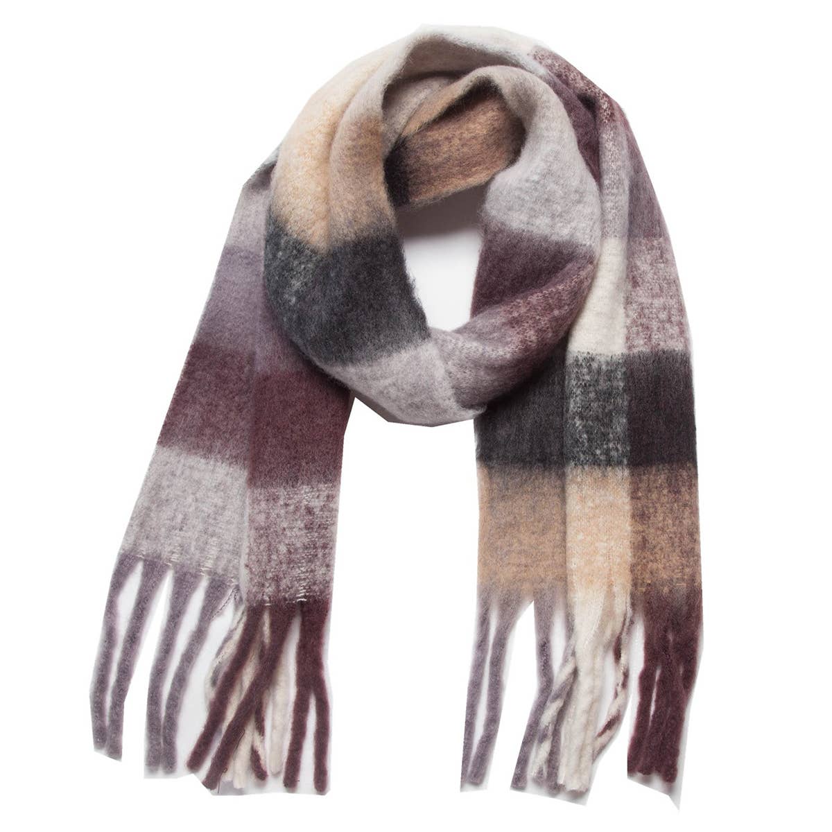 ACCITY - Chunky Plaid Mohair-Look Scarf with Fringes