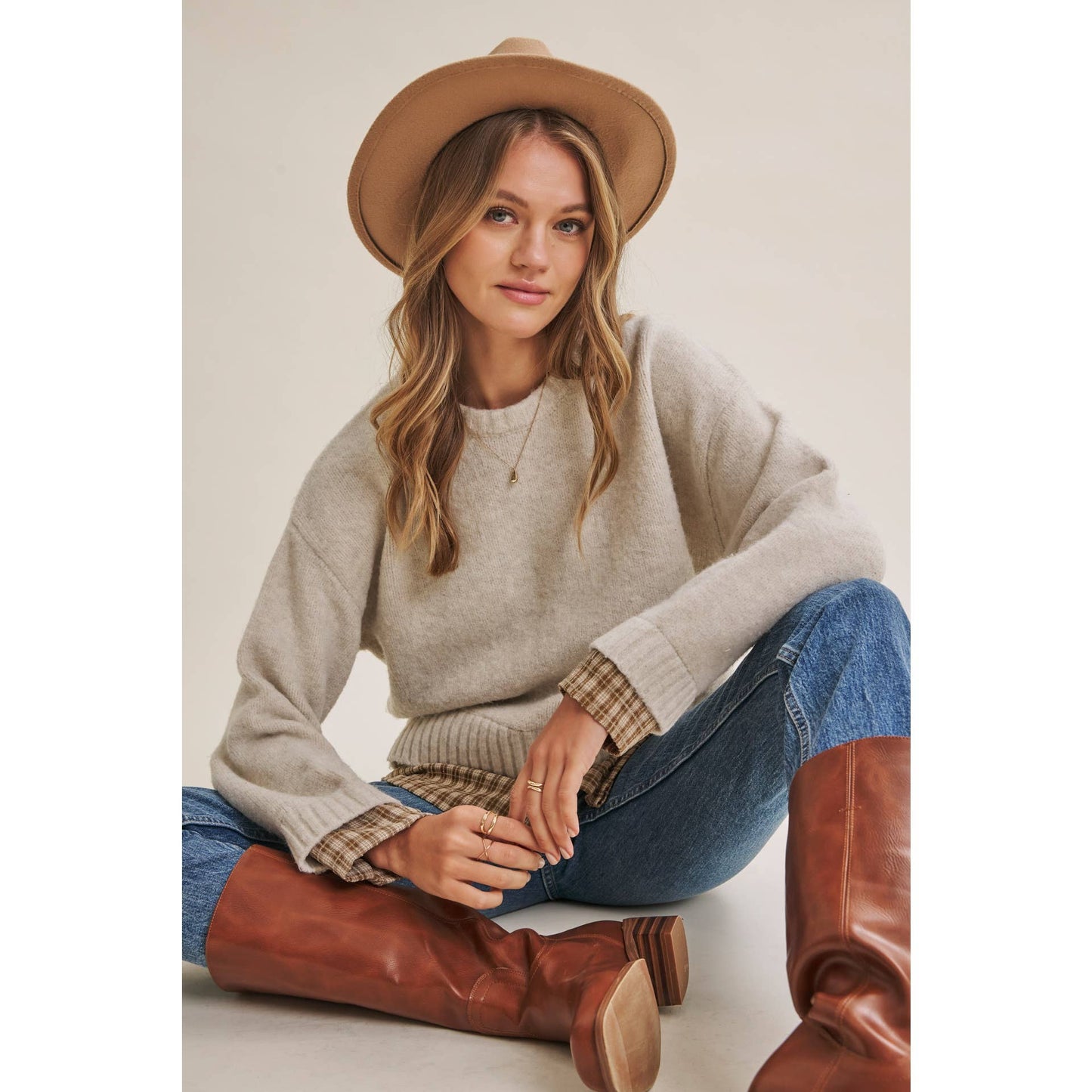 in february - COUNTRY ROAD LAYERED PLAID HEM TWOFER SWEATER TOP