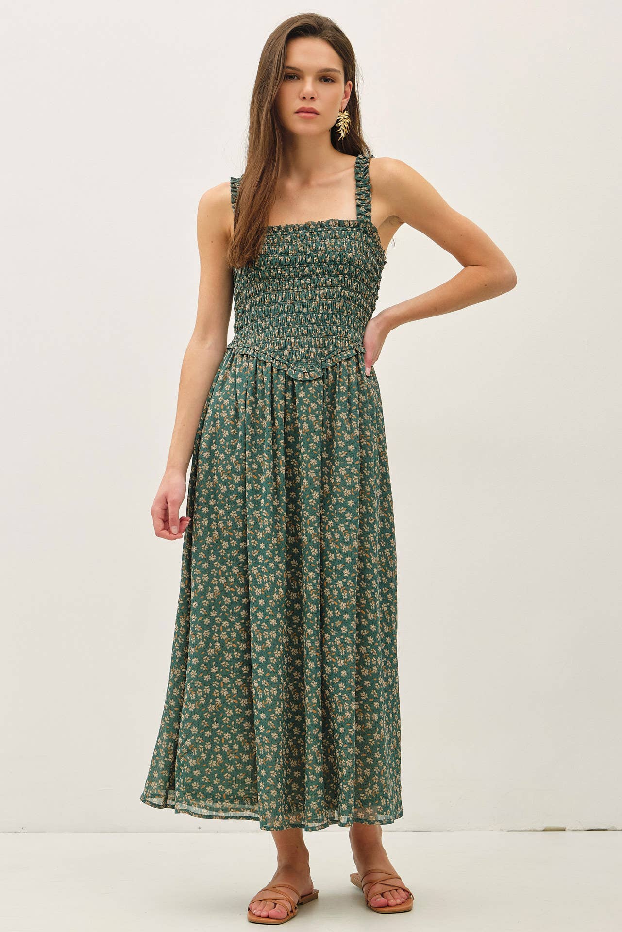 Be Cool - FLORAL PRINTED SMOCKE BODICE MIDI DRESS