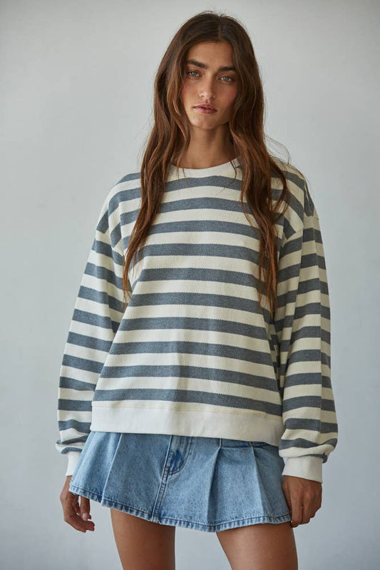 BY TOGETHER Knit Cotton Striped Crew Neck Long Sleeve Sweatshirt
