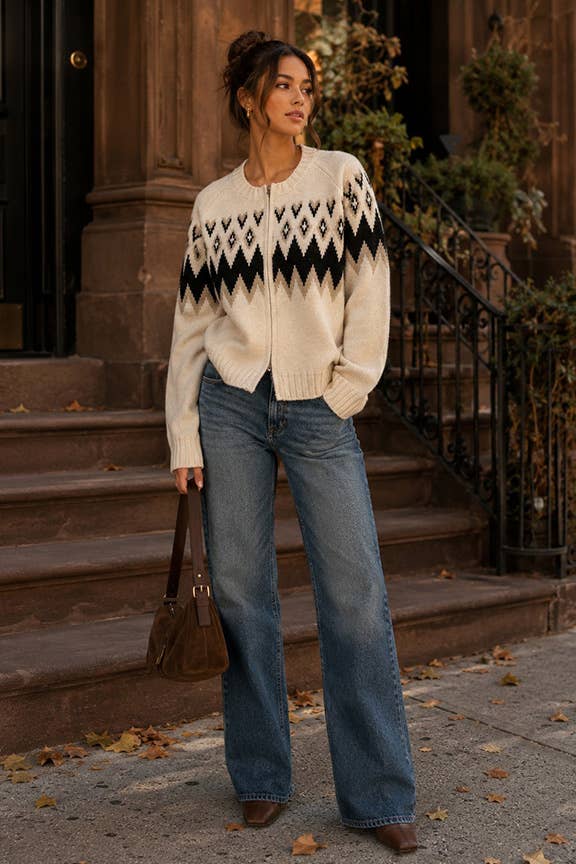 TIMING - Fair Isle Zip Front Cardigan Sweater