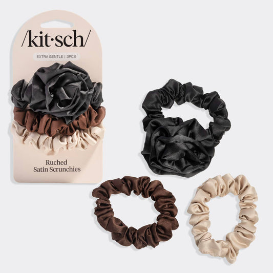 KITSCH - Rosette Ruched Satin Scrunchies 3pc Set - Black