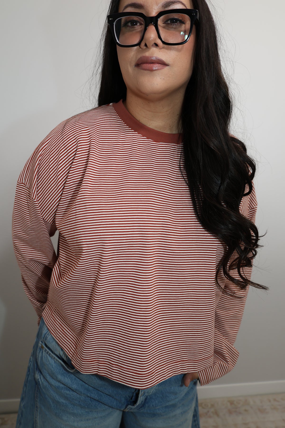 Watching The Leaves Fall micro stripe long sleeve shirt