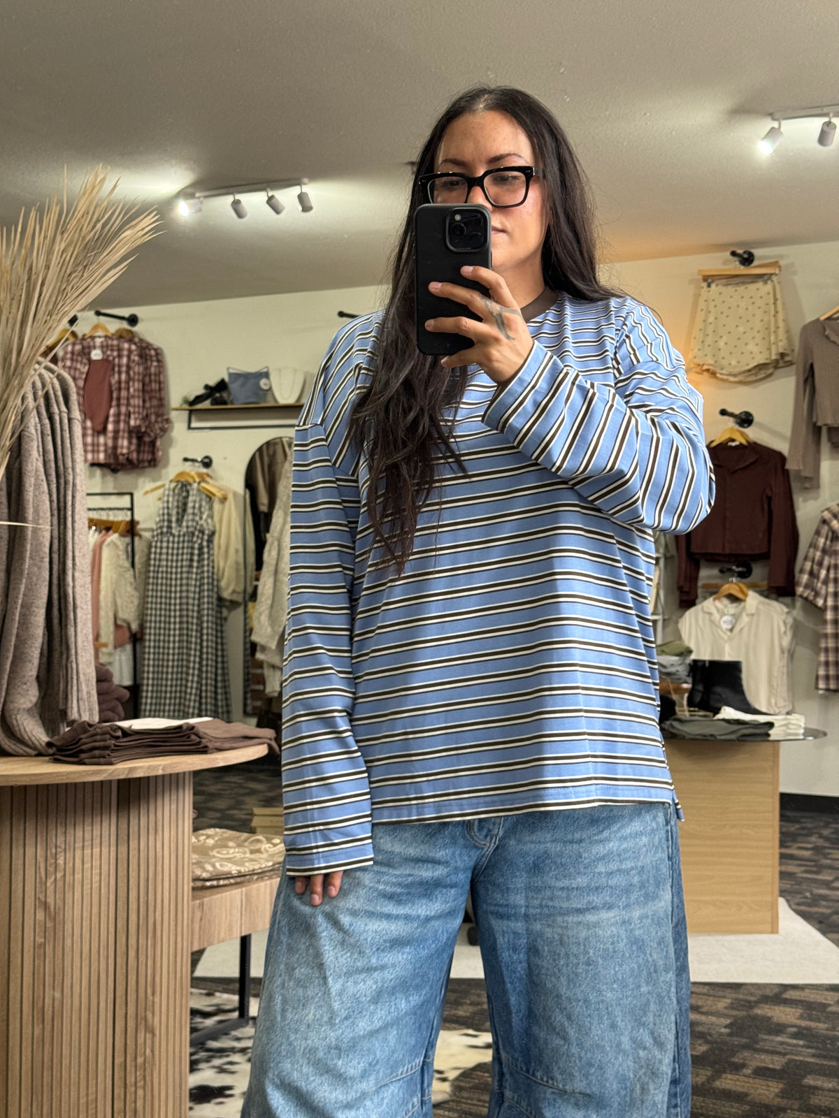 Turn It Up stripe long sleeve crewneck top