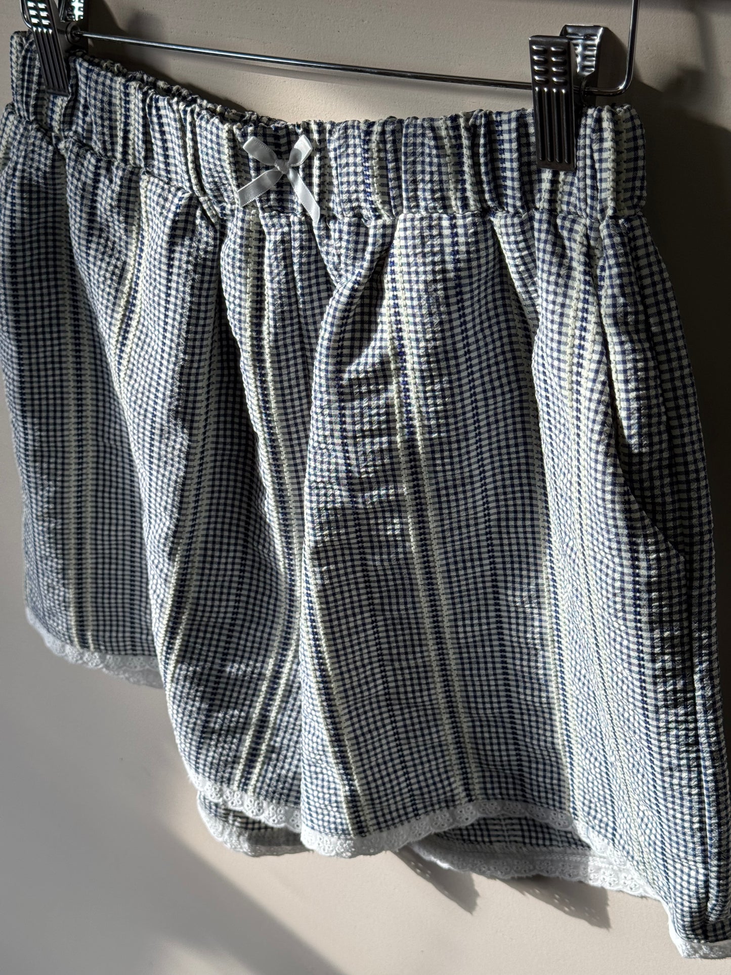 Doe and Rae - Navy/White Mini Gingham Lace Trim Shorts
