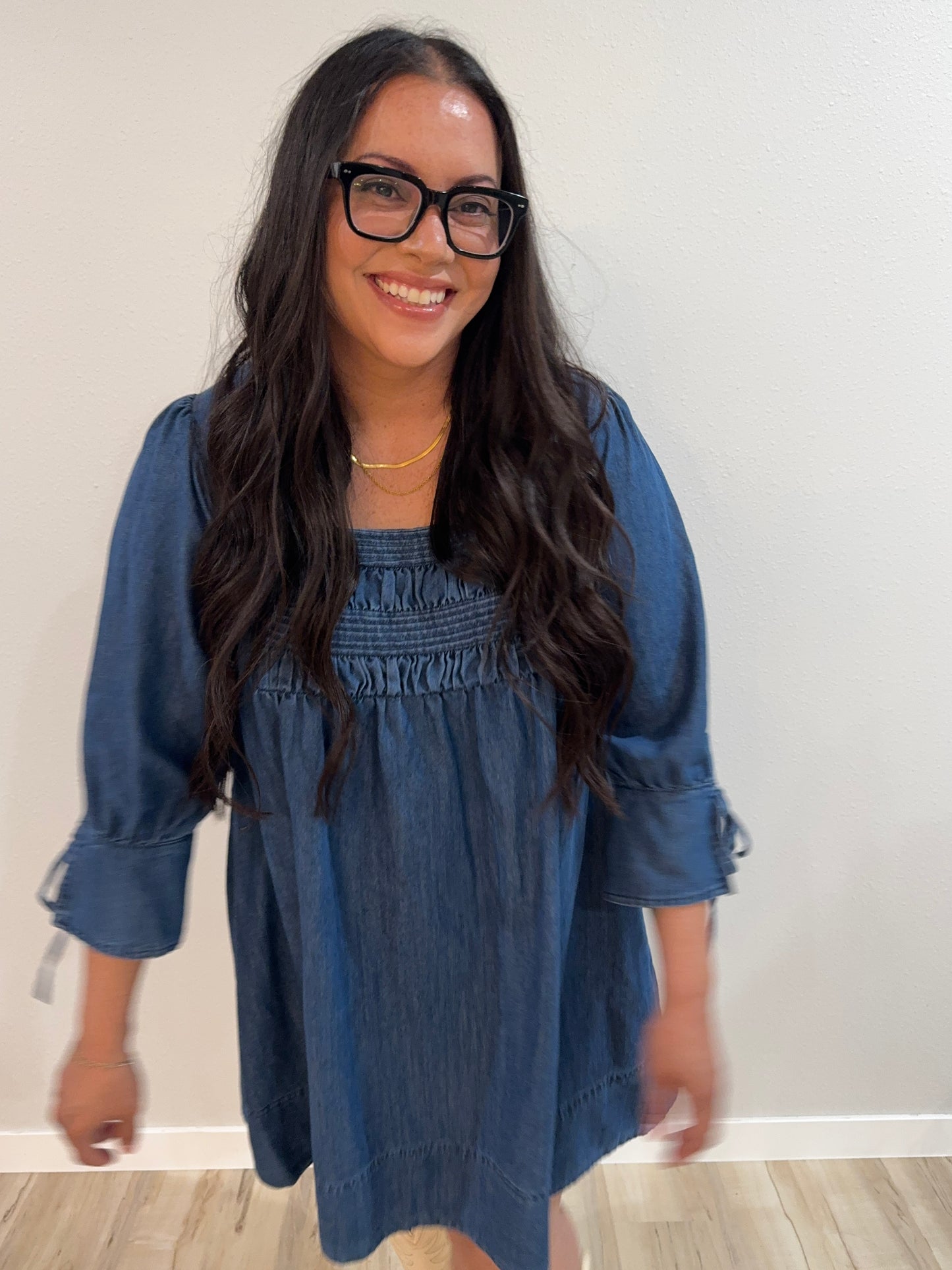 Mustard Seed - Square-Neck Smocked Denim Trapeze Dress