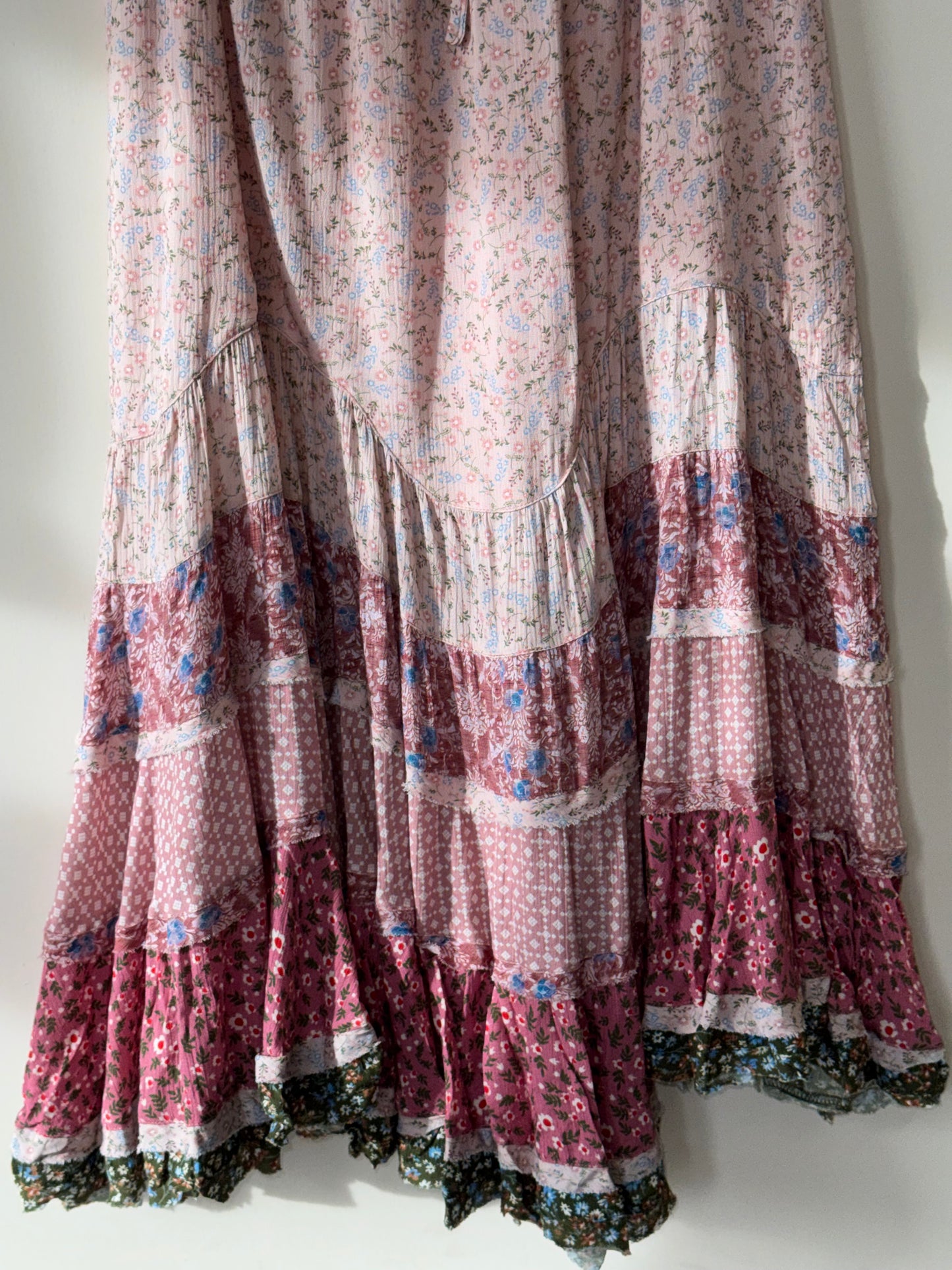 Mustard Seed - Pink/Multi-color Wavy Tiered Maxi Skirt w/ Drawstring