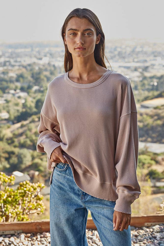 By Together  Knit Drop Shoulder Long Sleeve Top with Side Slits