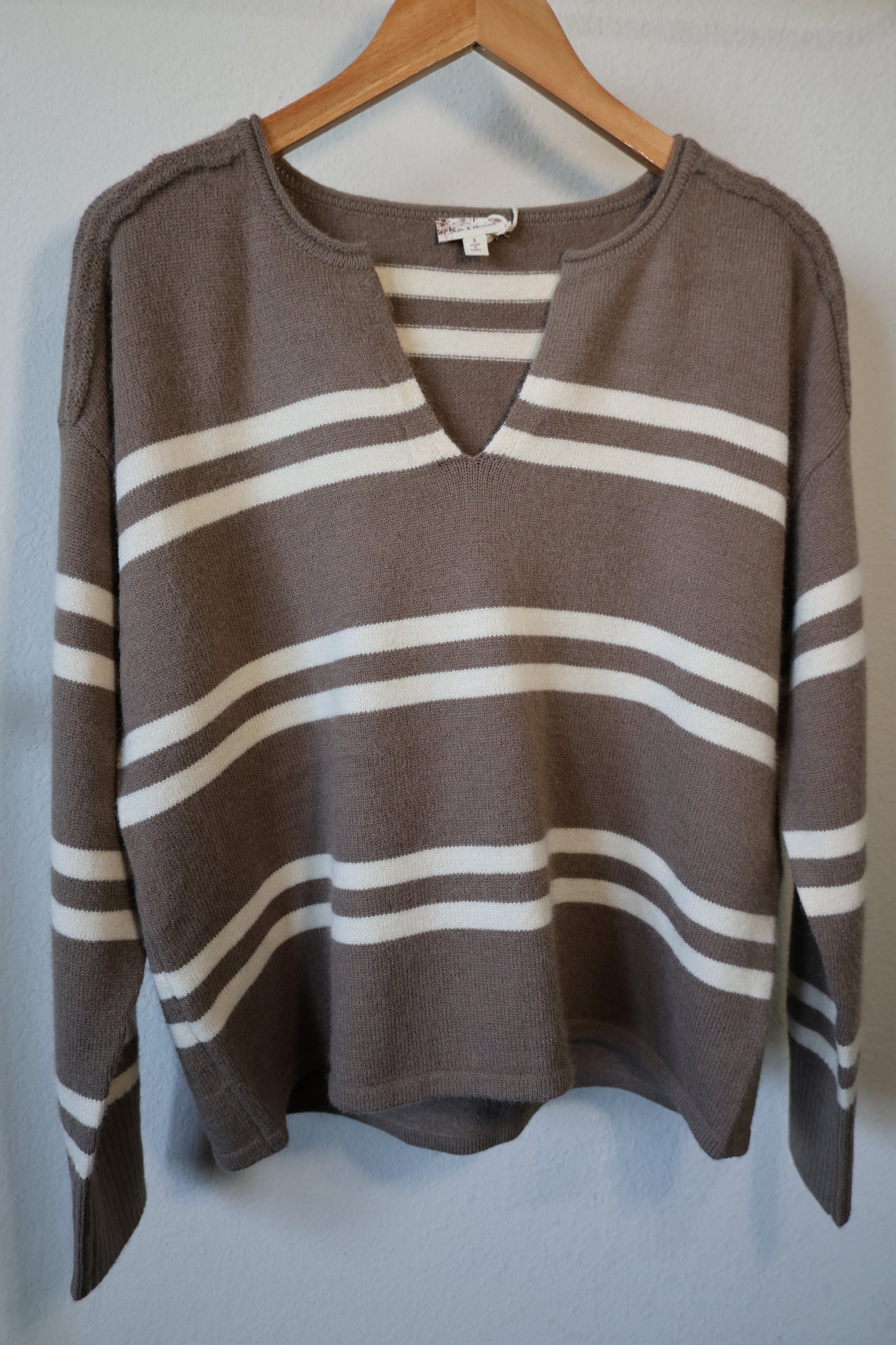 Hem & Thread- Notch Neck Striped Sweater