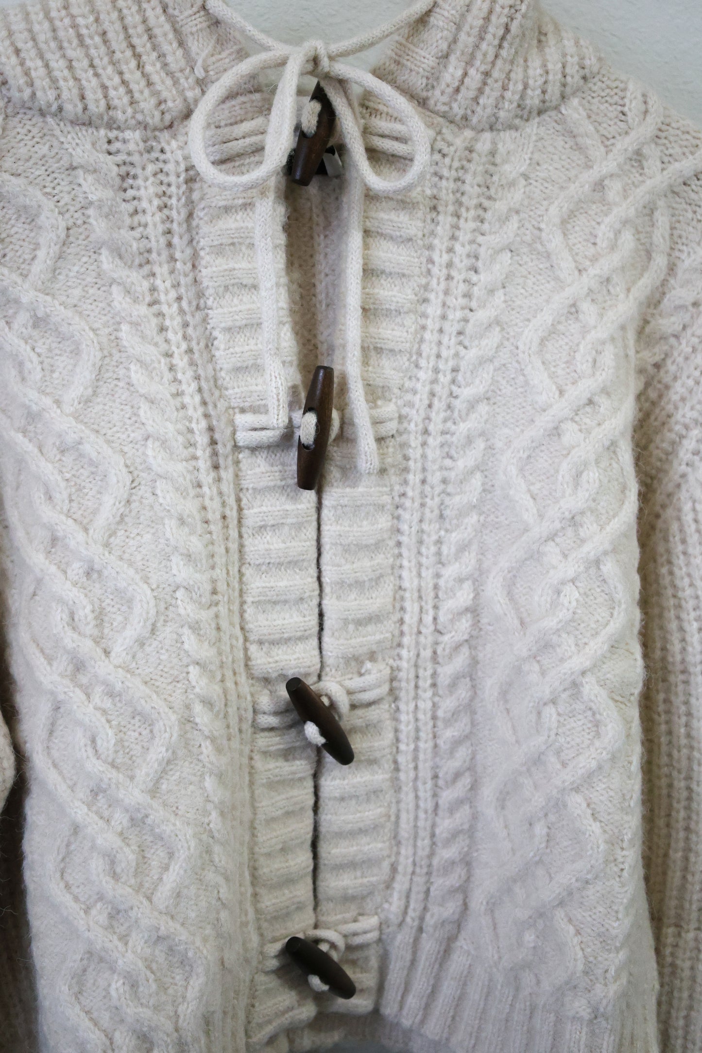 Miou Muse- Long Sleeve cable Knit Cardigan With Toggle front and Hood
