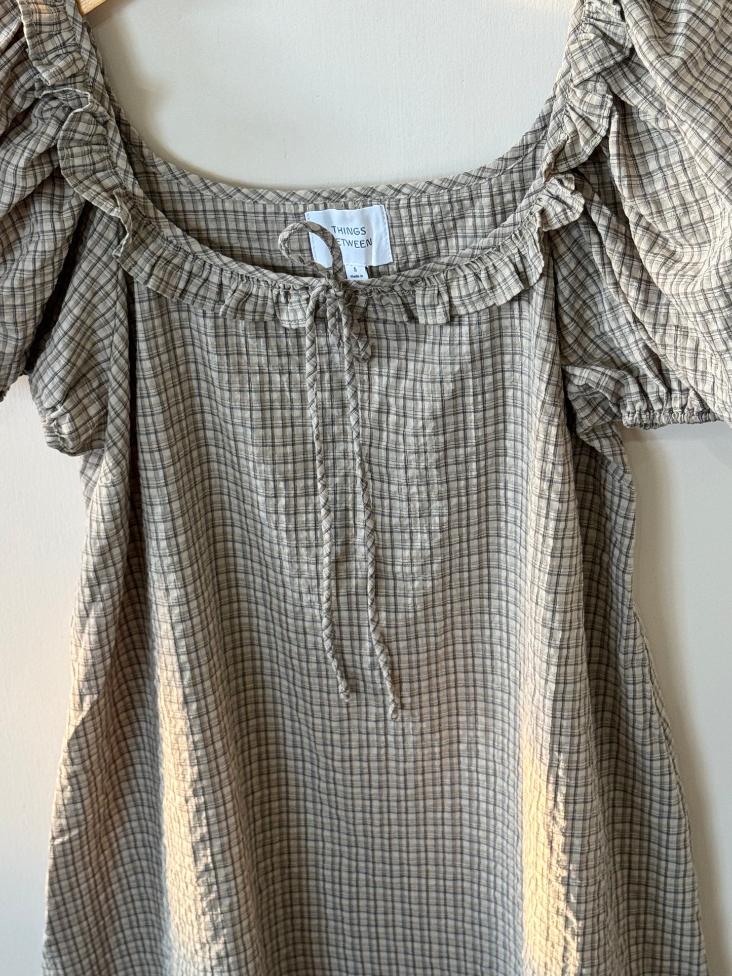 Things Between - Taupe Plaid Puffed Sleeve Mini Dress