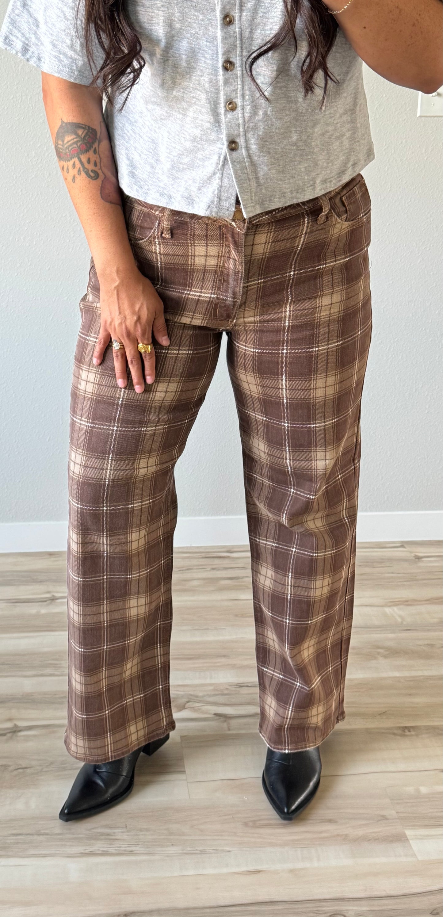 JBD - Brown Plaid High Rise Straight Jean