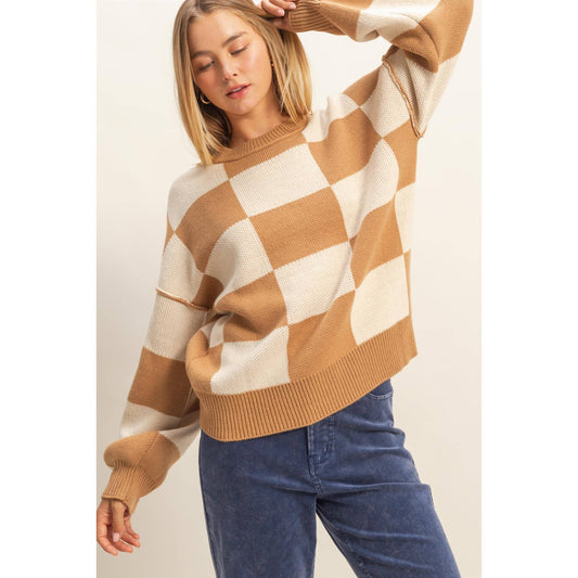 HYFVE - Trendy Crew Neck Checkered Knit Sweater