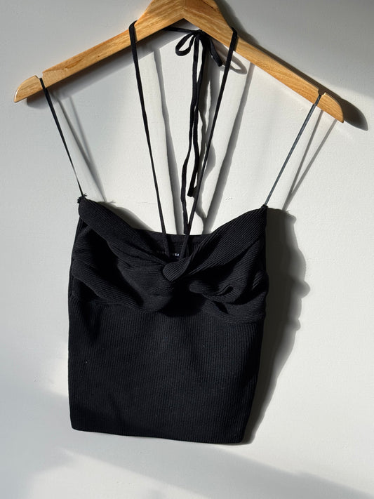 Miou Muse - Black Front Twist Sweater Knit Halter Top