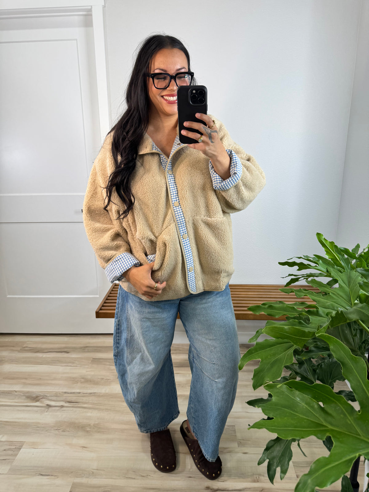 Are You Joking gingham sherpa snap jacket