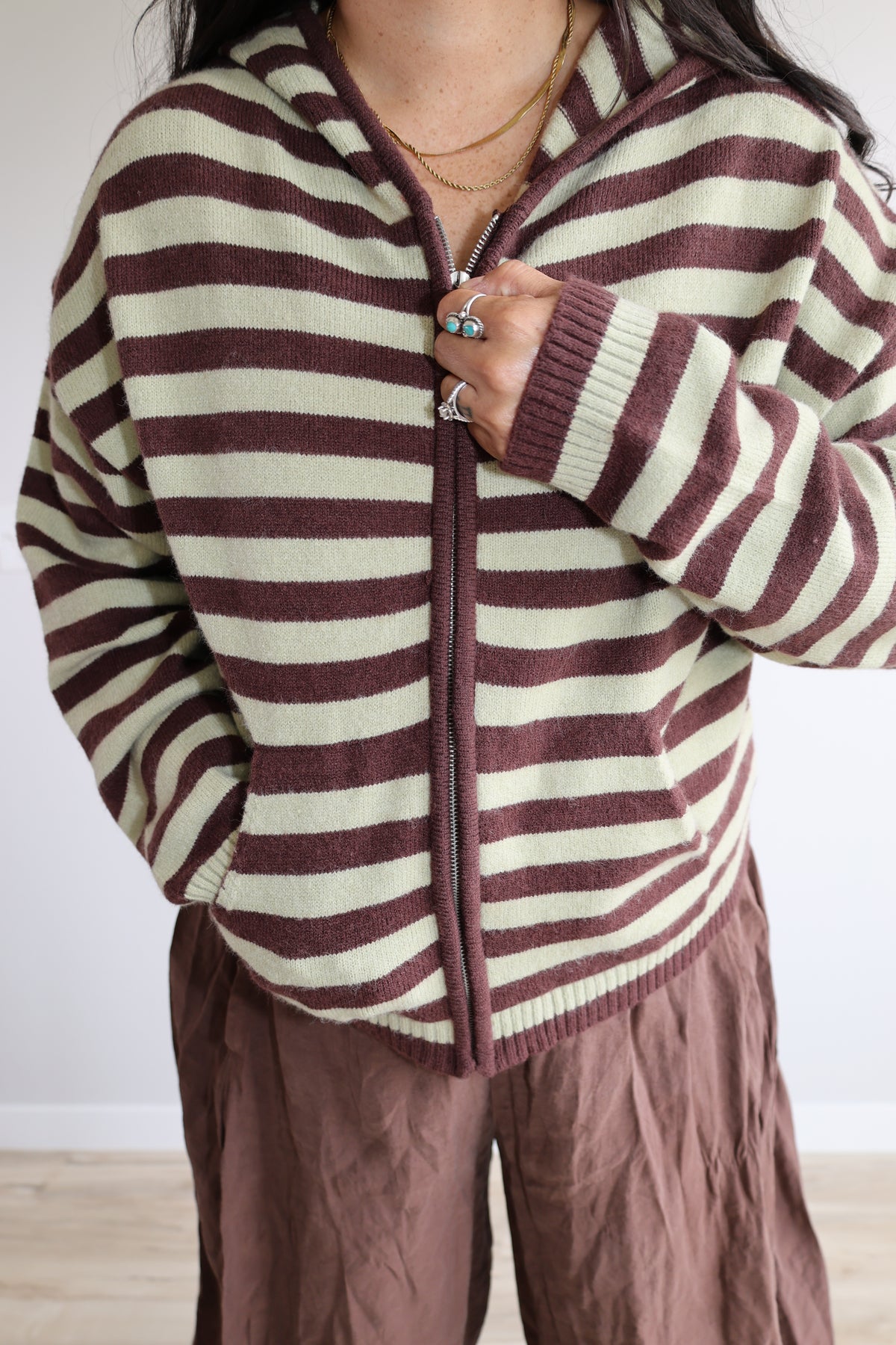 Hold That Thought striped knit hooded sweater