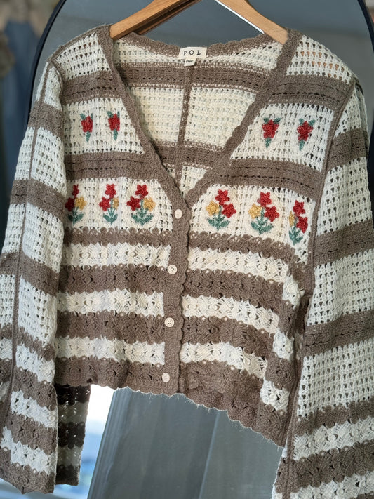 POL - Crochet Striped Floral Cardigan