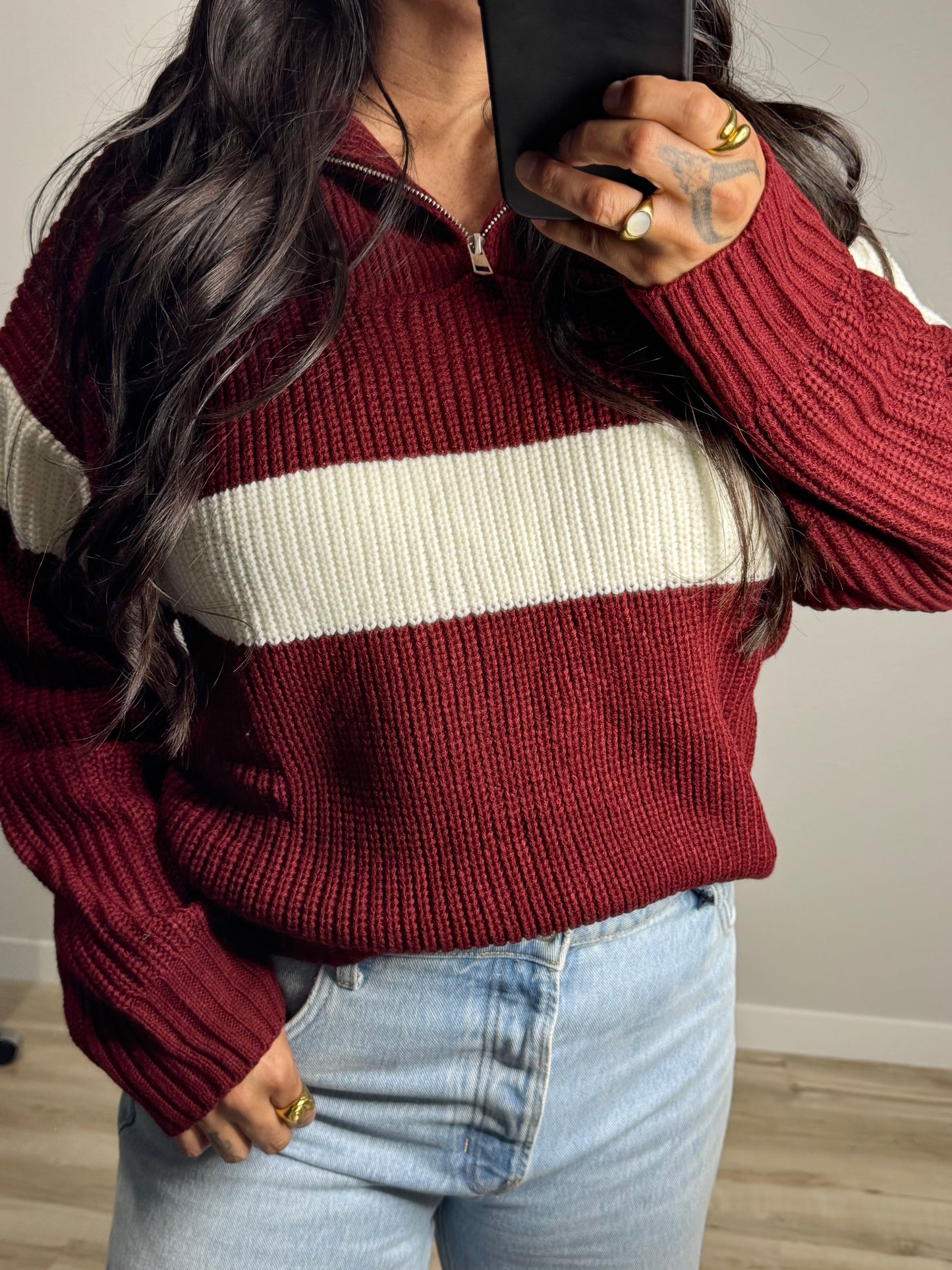 Buttermelon - Maroon/Ivory Stripe Thick Knit Quarter Zip Sweater