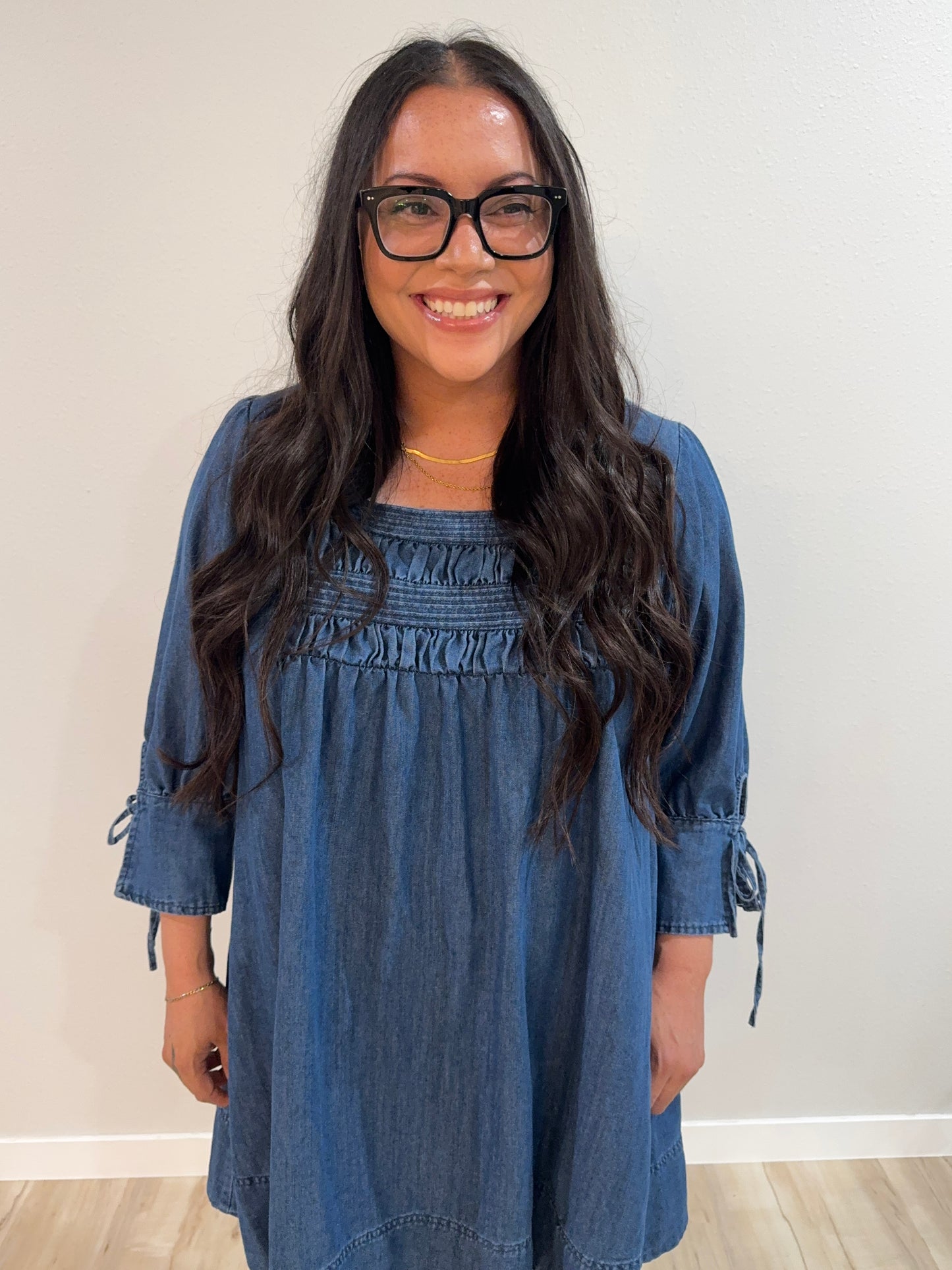Mustard Seed - Square-Neck Smocked Denim Trapeze Dress
