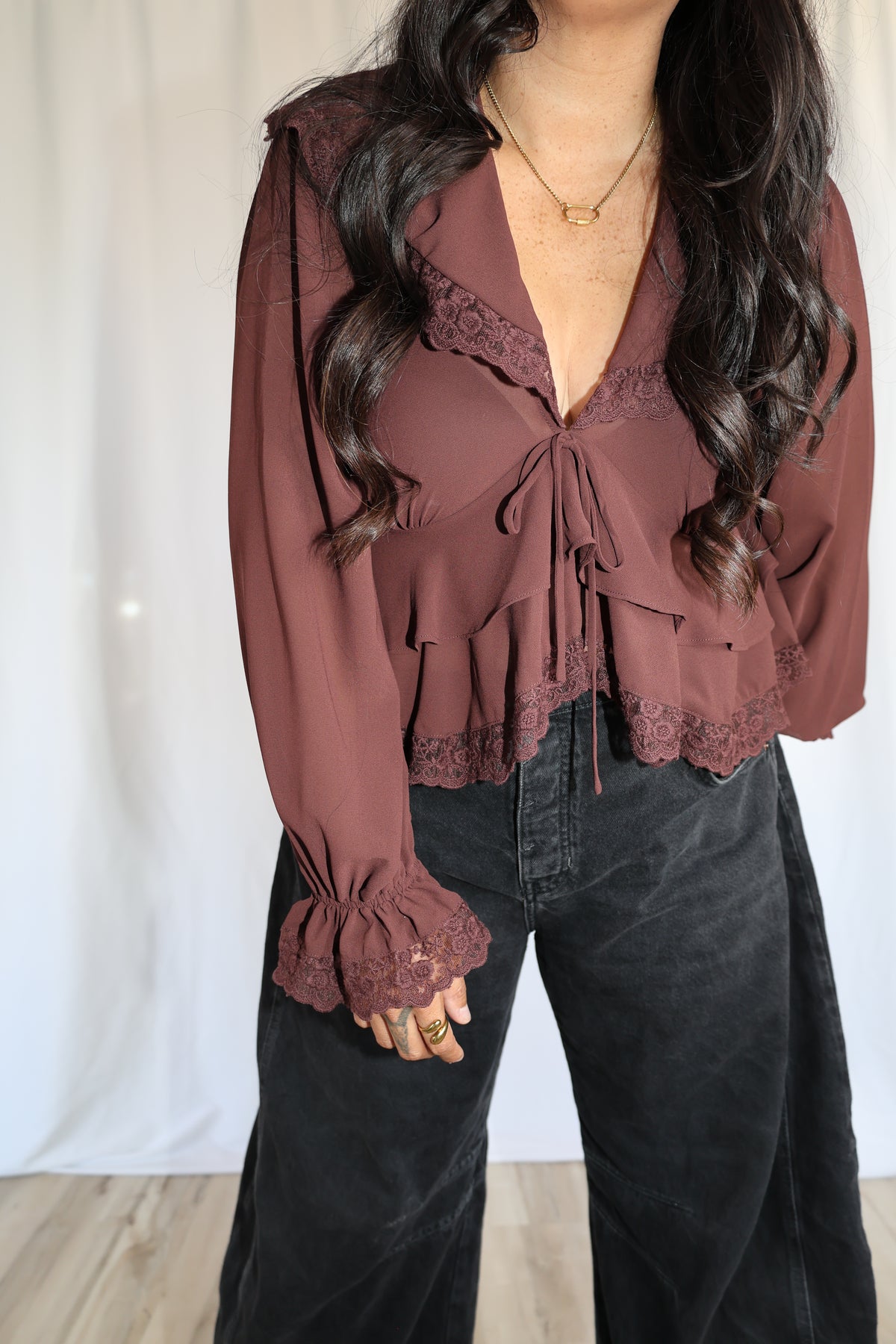 VIP long sleeve chiffon blouse with lace detailing