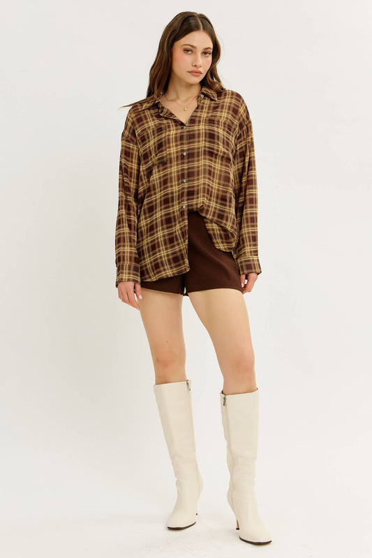 idem ditto - EDGY TRANSPARENT SHEER PLAID CHIFFON BUTTON-DOWN SHIRT