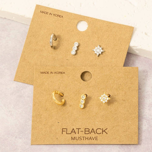 Fame Accessories - Gold Dipped 3Pc Cz Flat Back Studded Stars Stud Earrings Set