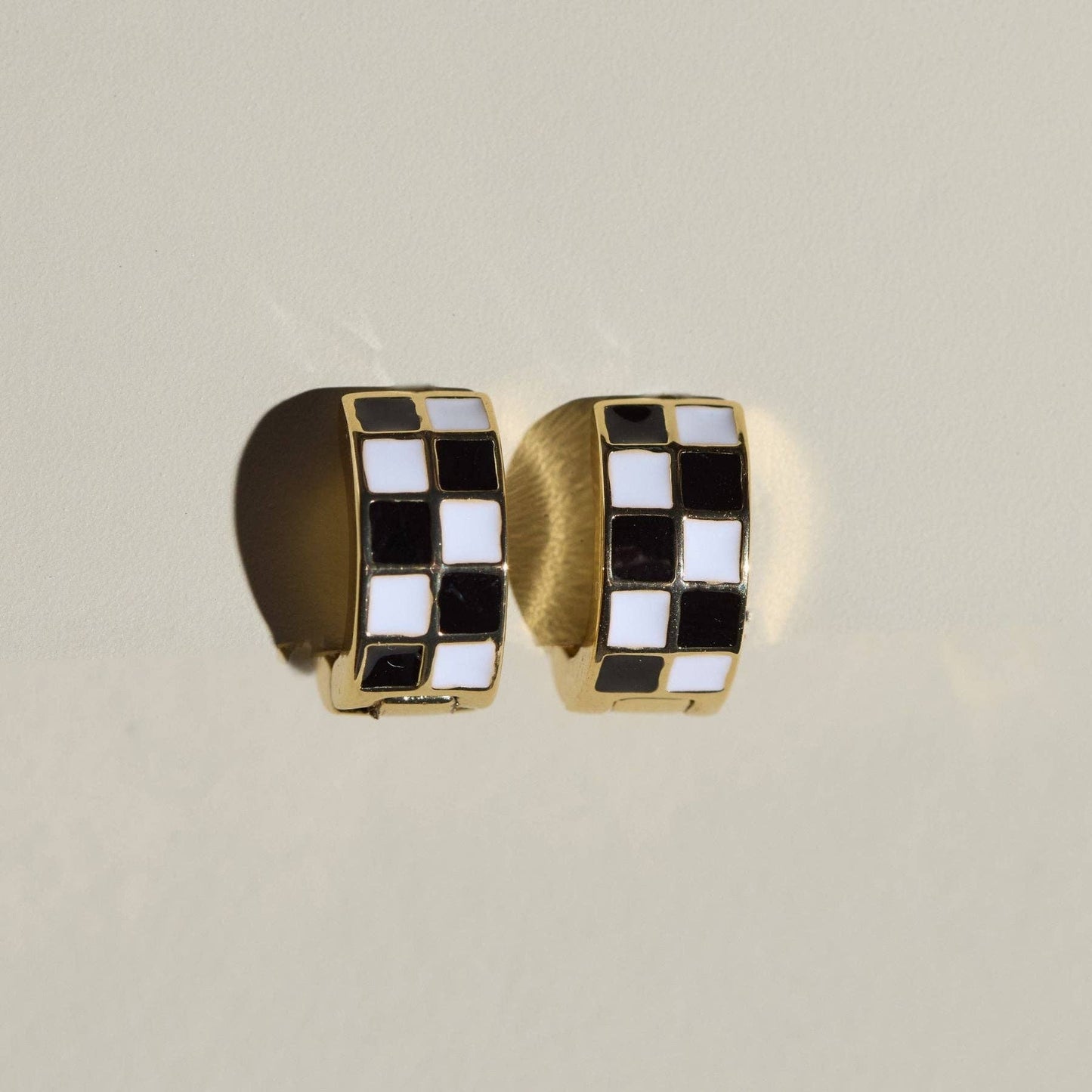 Nickel and Suede - Black & White Checkered Enamel Huggies
