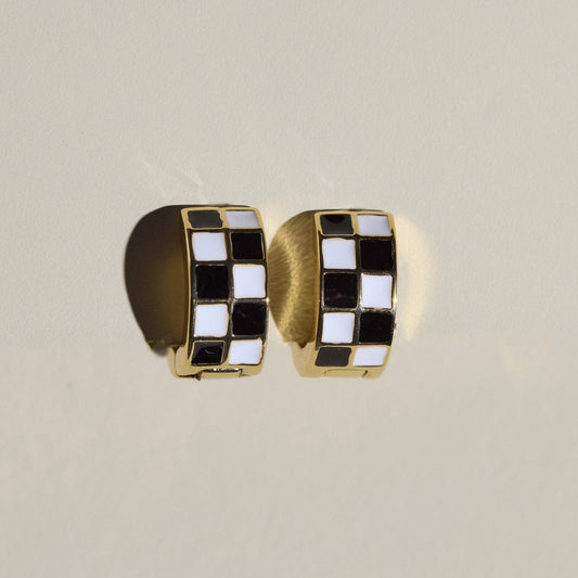 Nickel and Suede - Black & White Checkered Enamel Huggies