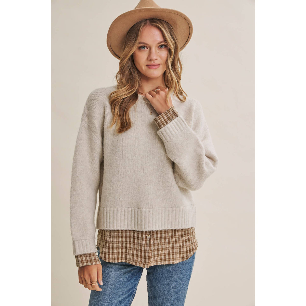 in february - COUNTRY ROAD LAYERED PLAID HEM TWOFER SWEATER TOP