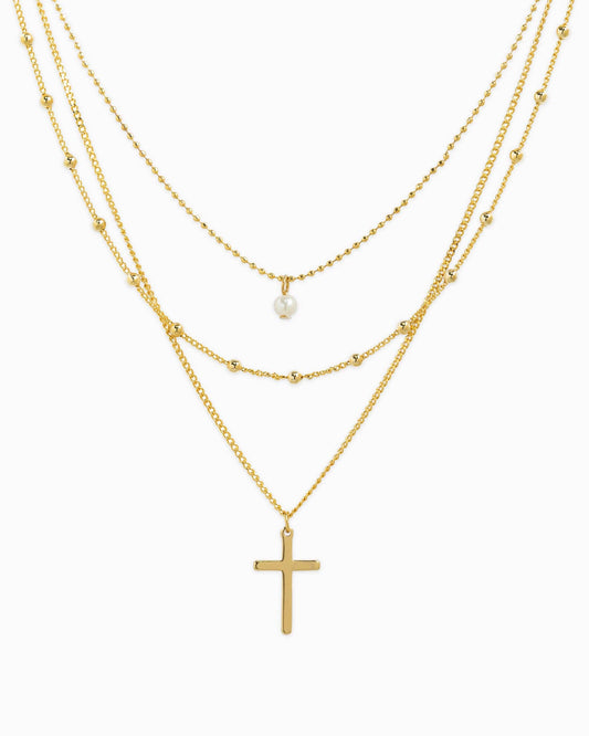 Triple Layered Pearl Cross Necklace