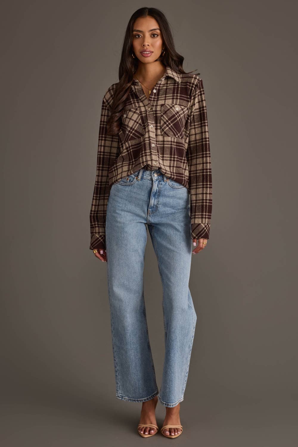 Panache Apparel Co. - Chocolate Brown & Tan Plaid Button Up
