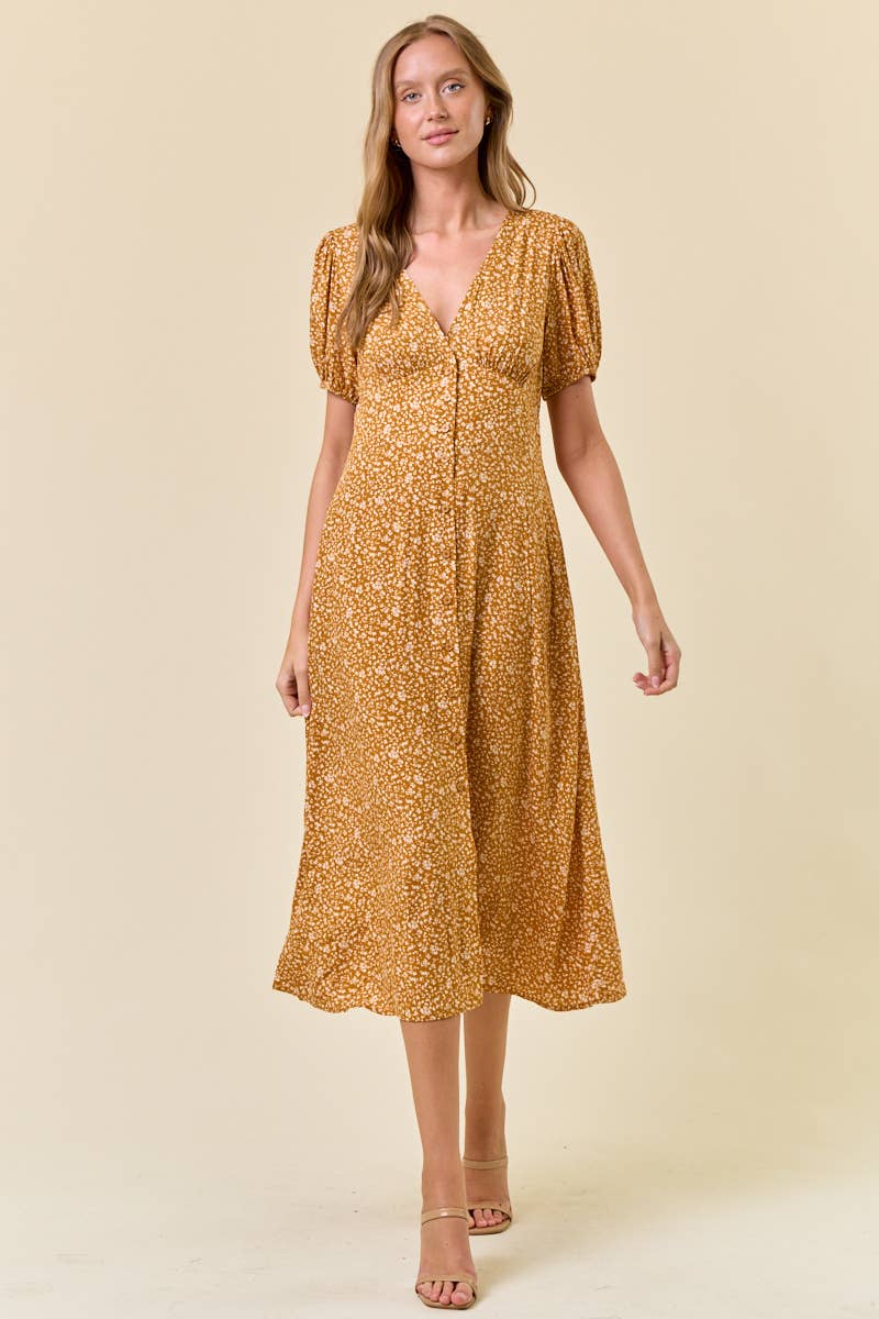 Doe and Rae - DITSY FLORAL PRINT V-NECK PUFF SHORT SLEEVE DRESS