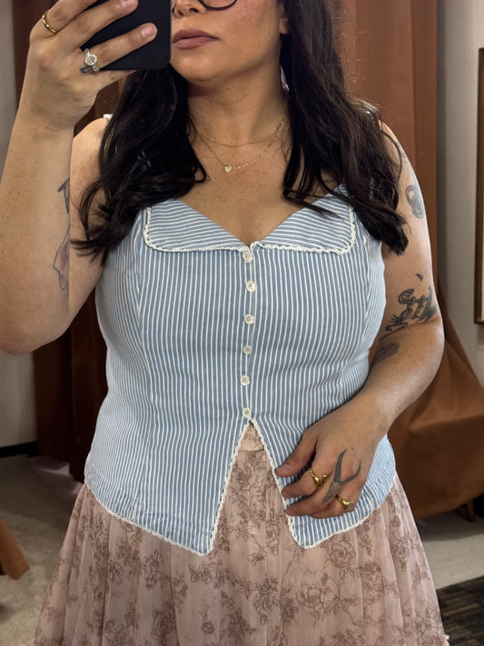 SKIES ARE BLUE light wash denim vest with lace trim