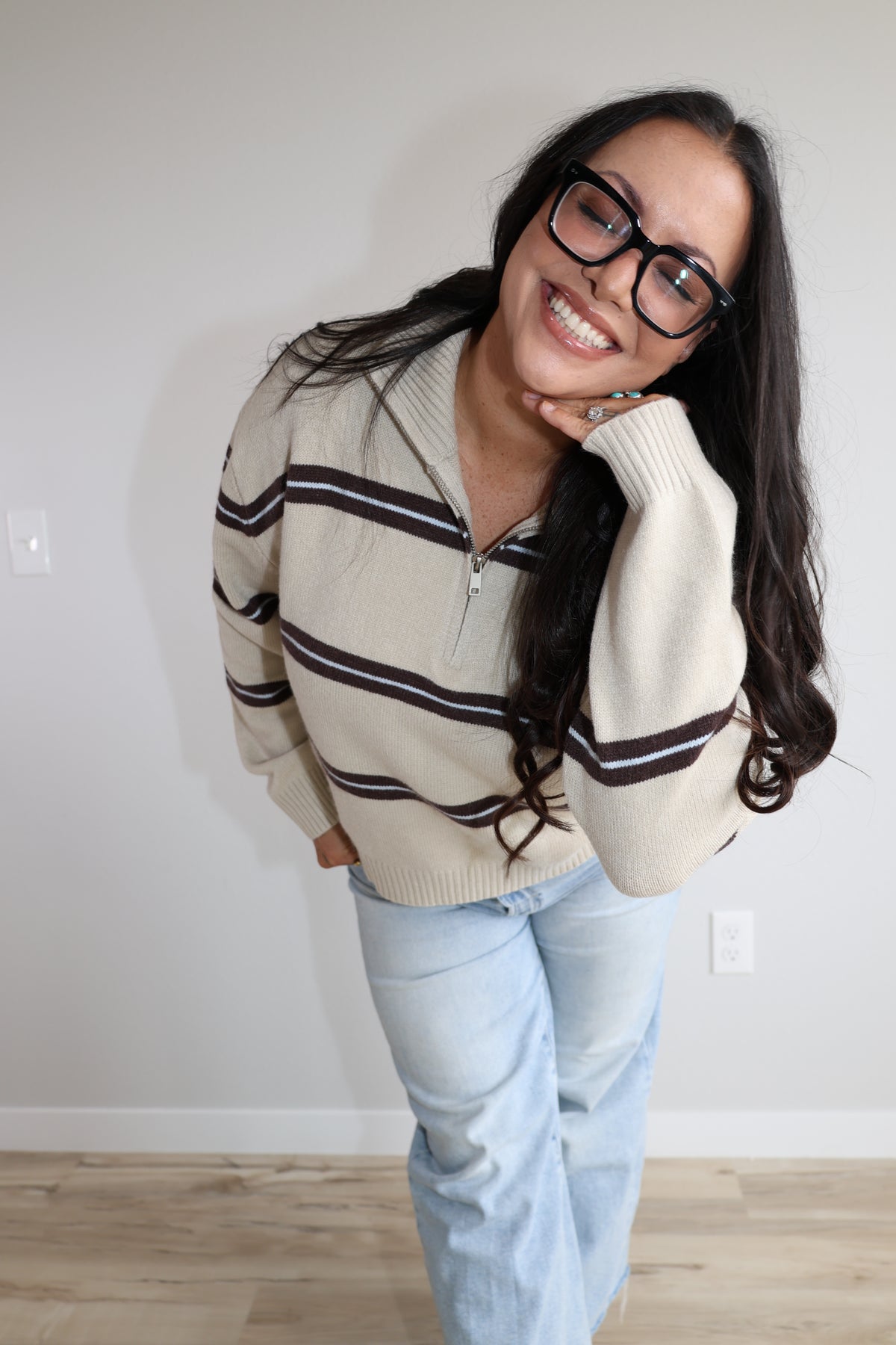 Take The Long Way striped zip up mock neck sweater