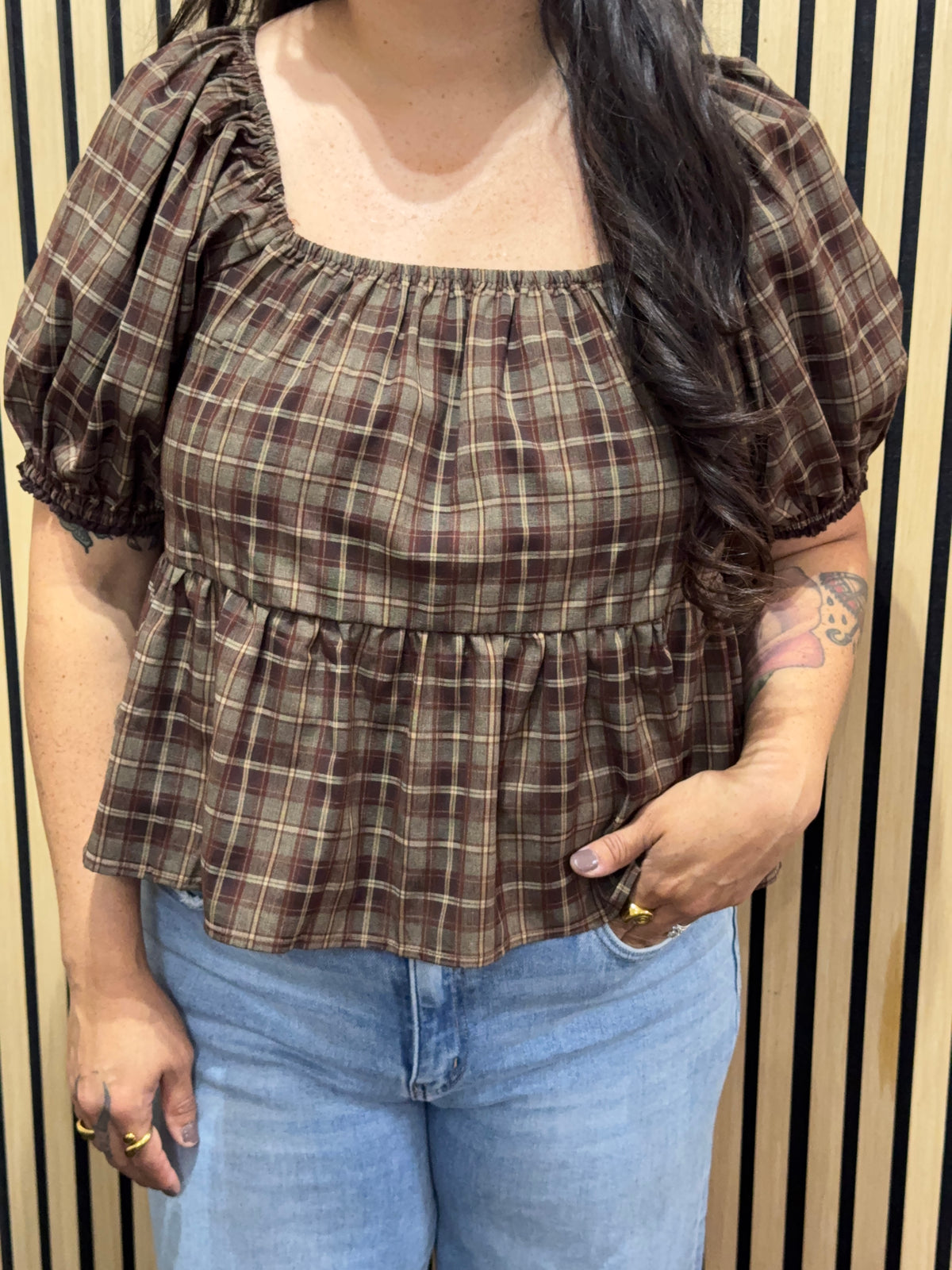 Falling For You plaid puff sleeve plaid peplum blouse