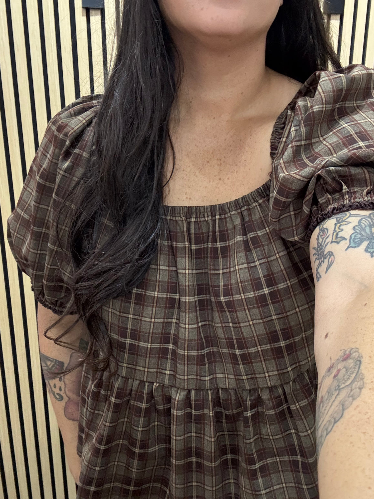 Falling For You plaid puff sleeve plaid peplum blouse
