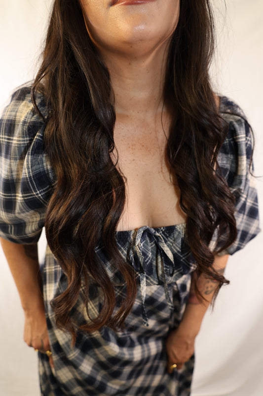On The Guest List plaid puff sleeve maxi dress