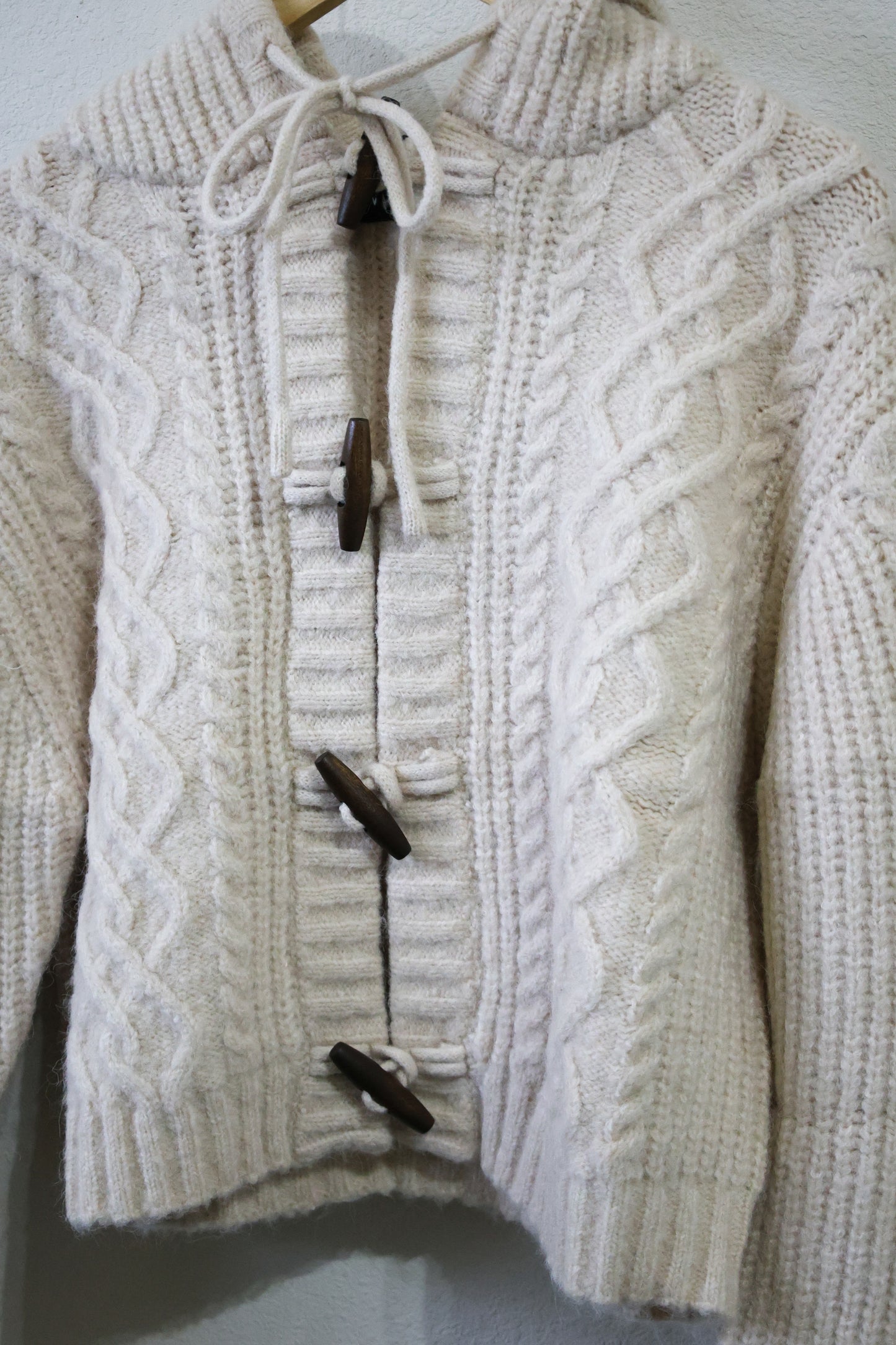 Miou Muse- Long Sleeve cable Knit Cardigan With Toggle front and Hood