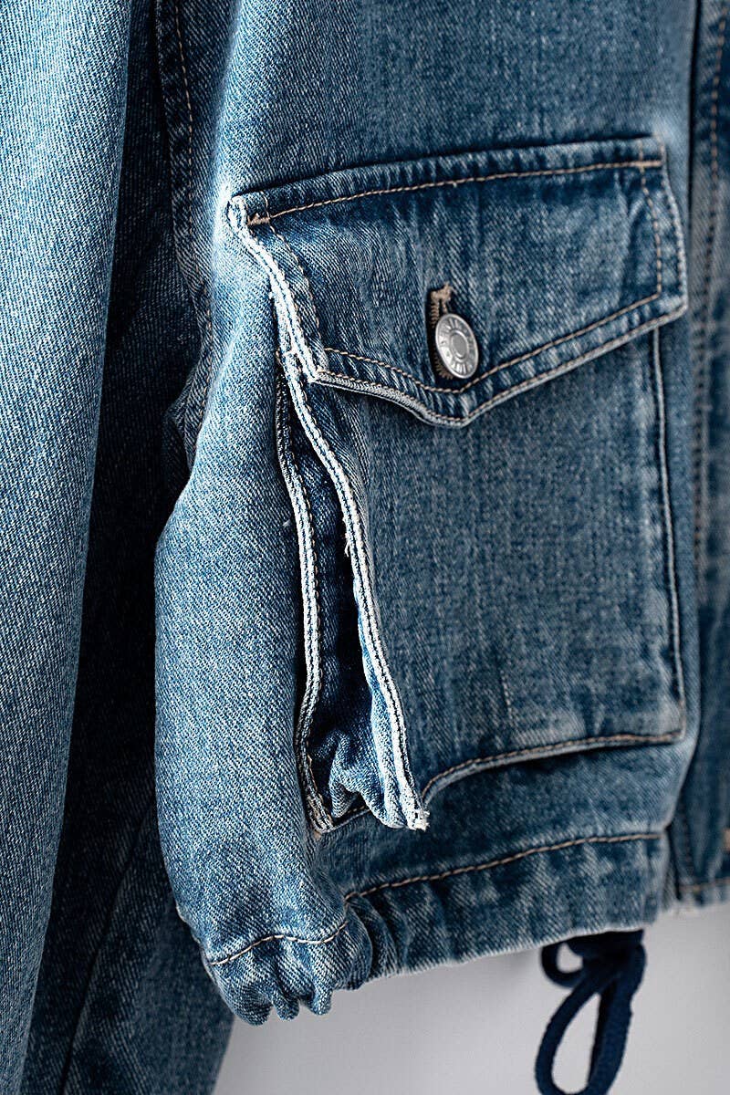Urban Daizy - Utility Cropped Drawstring Hem Stand Collar Denim Jacket