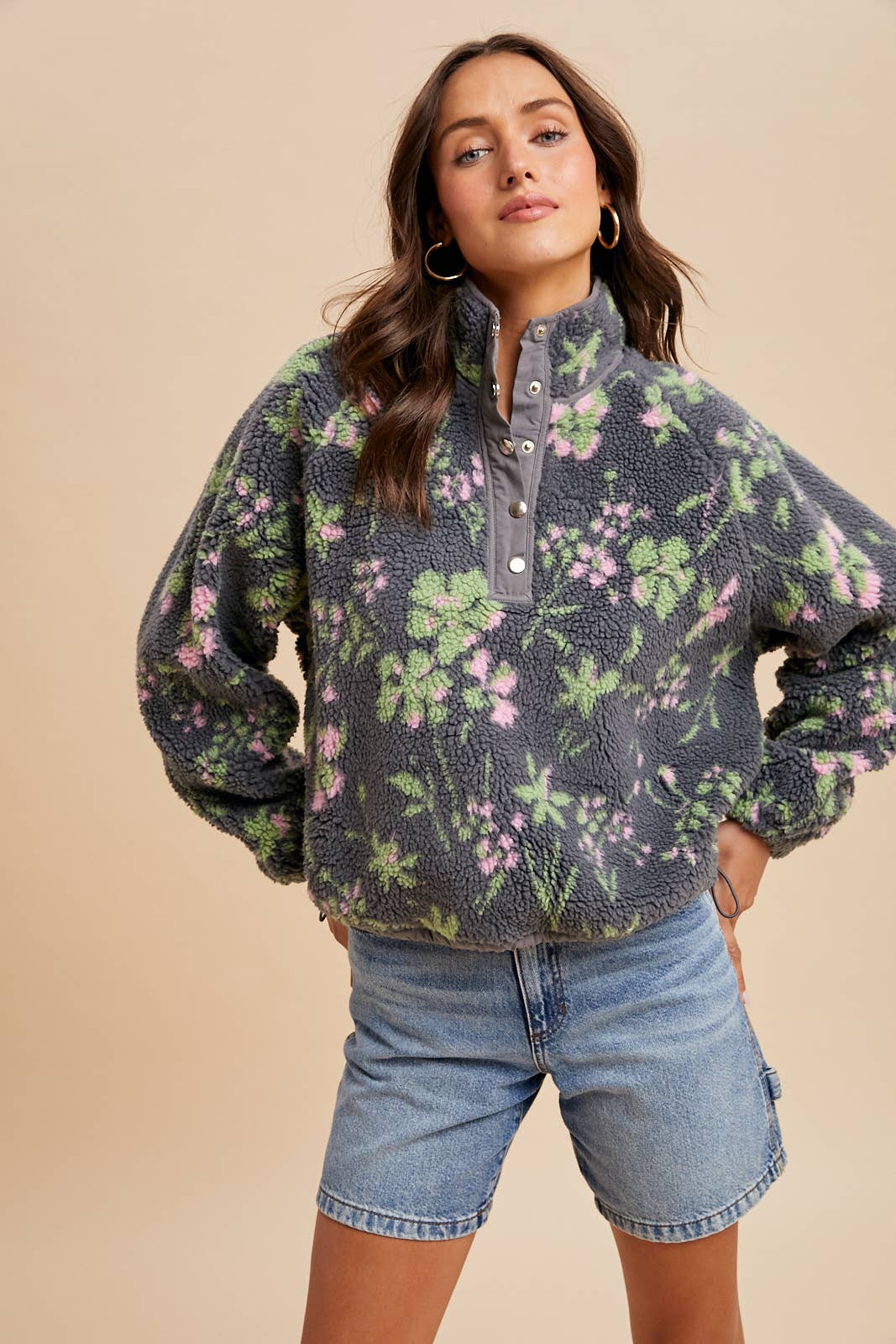 In Loom - FLORAL SHERPA SNAP BUTTON PULLOVER