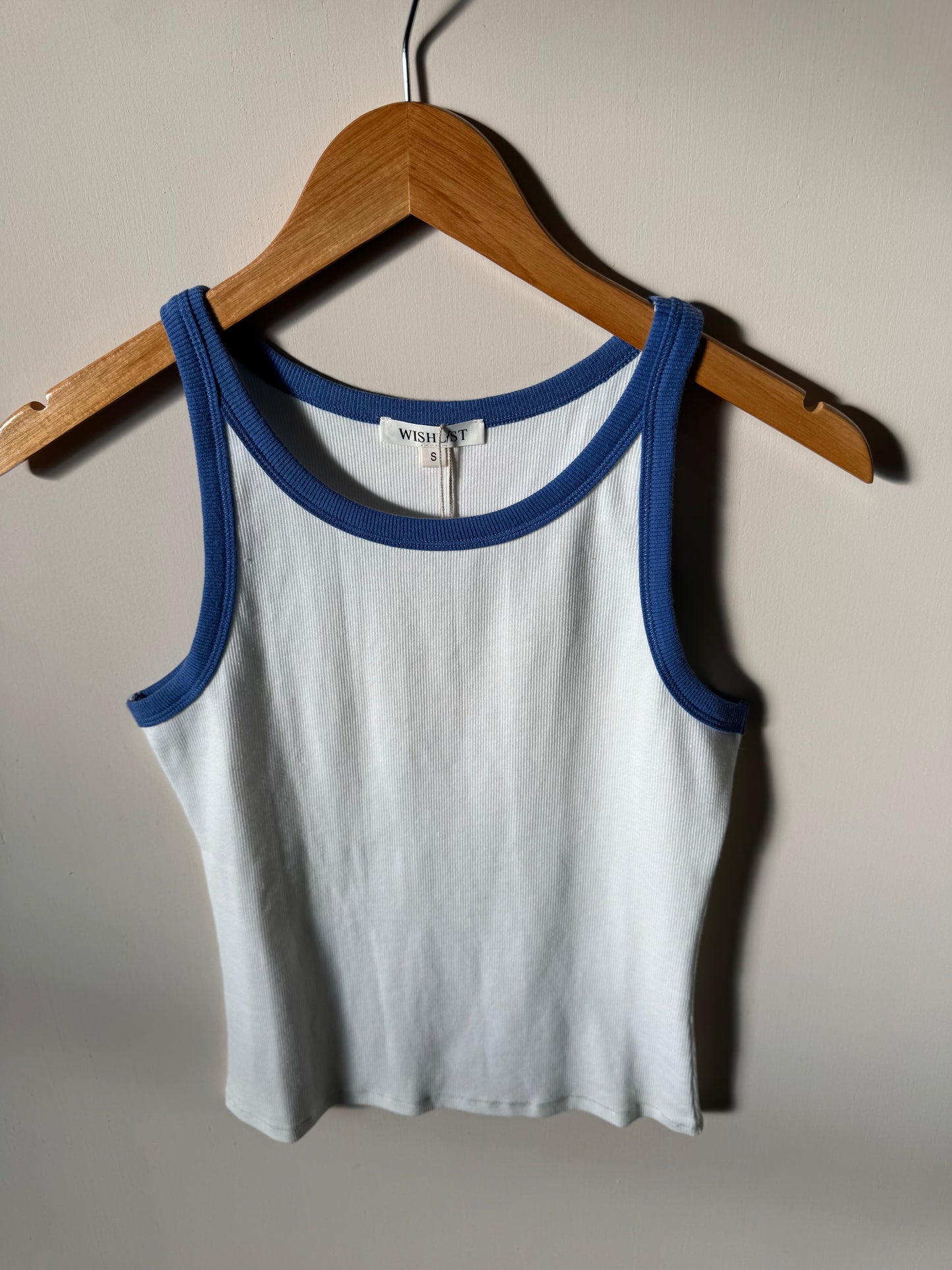 Wishlist - White/Blue Contrast Trimmed Ribbed Tank