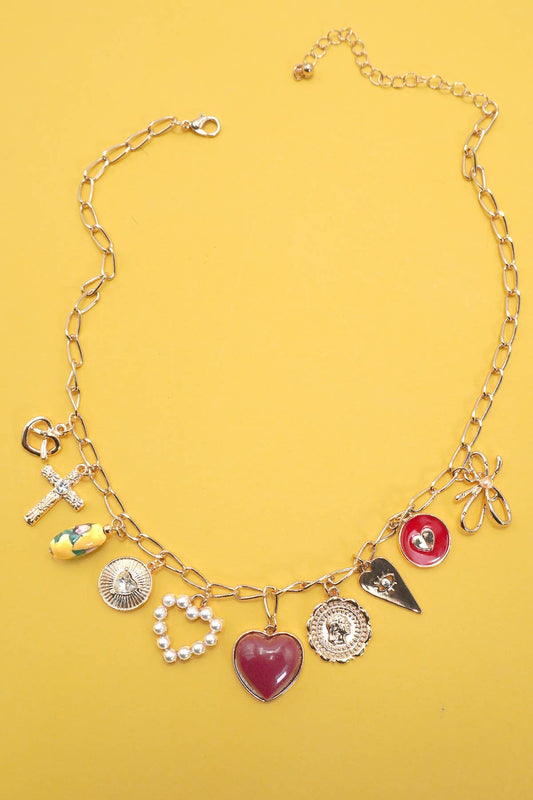 JOSSLYN by wall to wall - CHARM NECKLACE-BOW TOILE FLORAL RED HEART CROSS