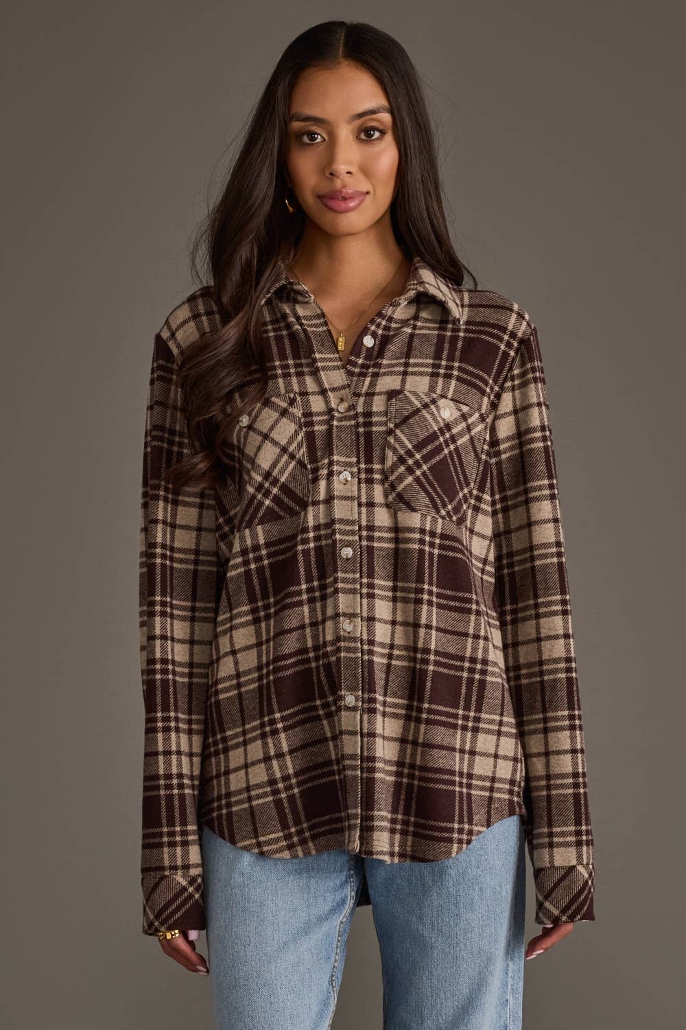 Panache Apparel Co. - Chocolate Brown & Tan Plaid Button Up