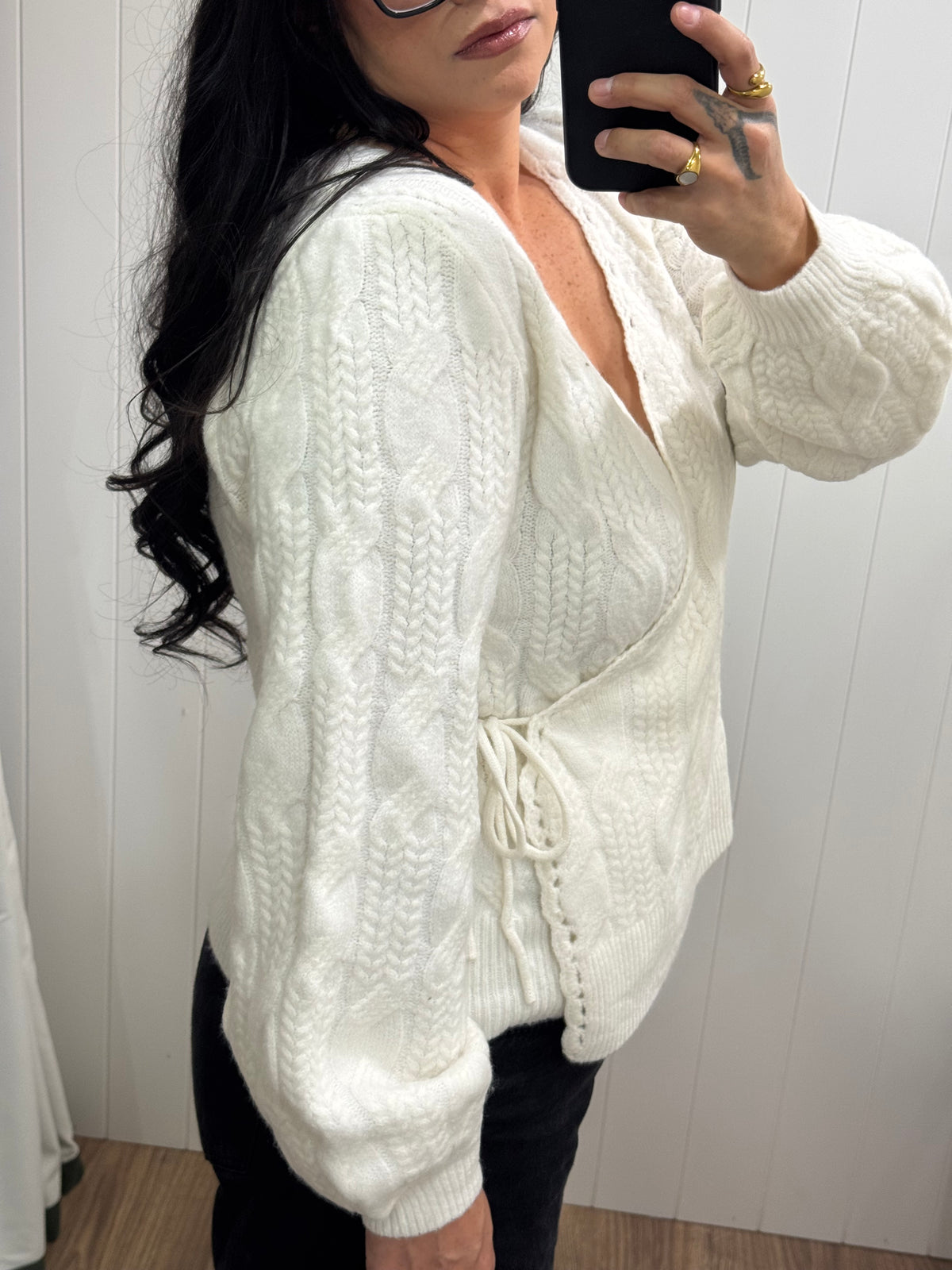Make The Most Of It side wrap cable knit cardigan