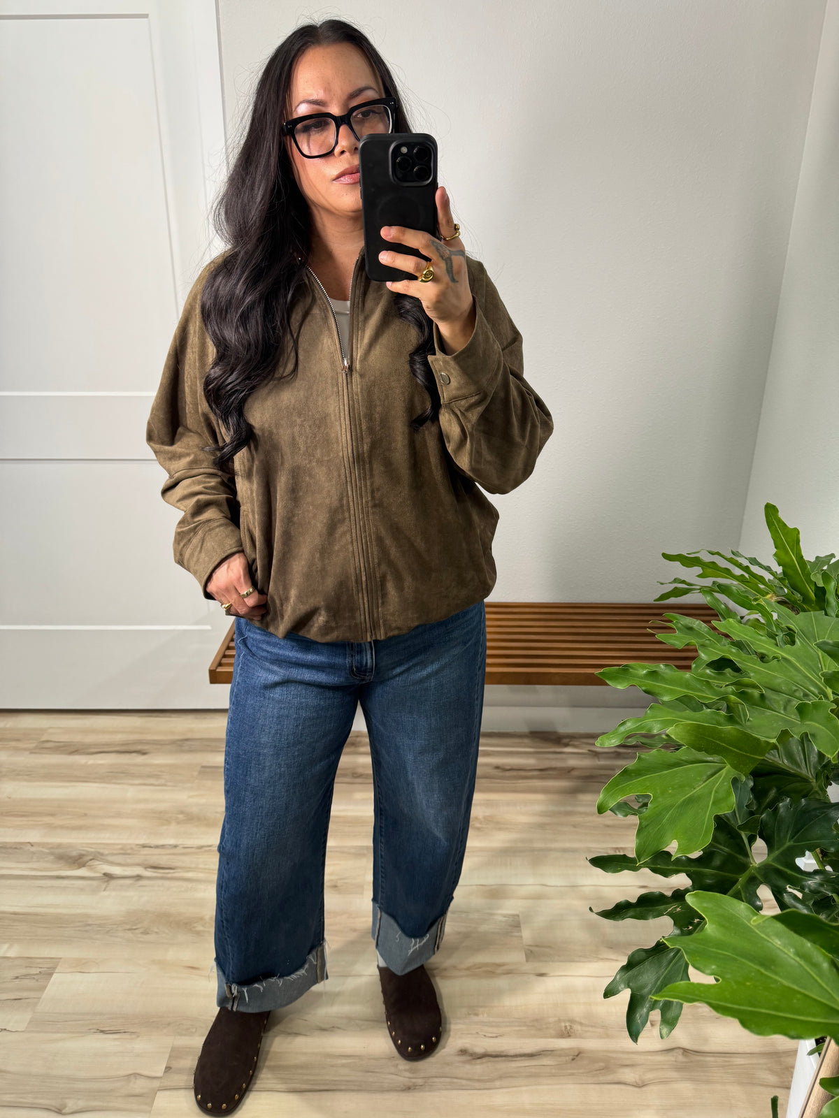 What's Stopping You faux suede zip up jacket