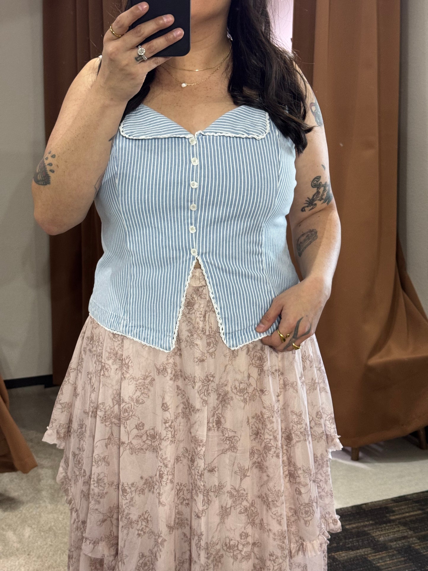 SKIES ARE BLUE light wash denim vest with lace trim