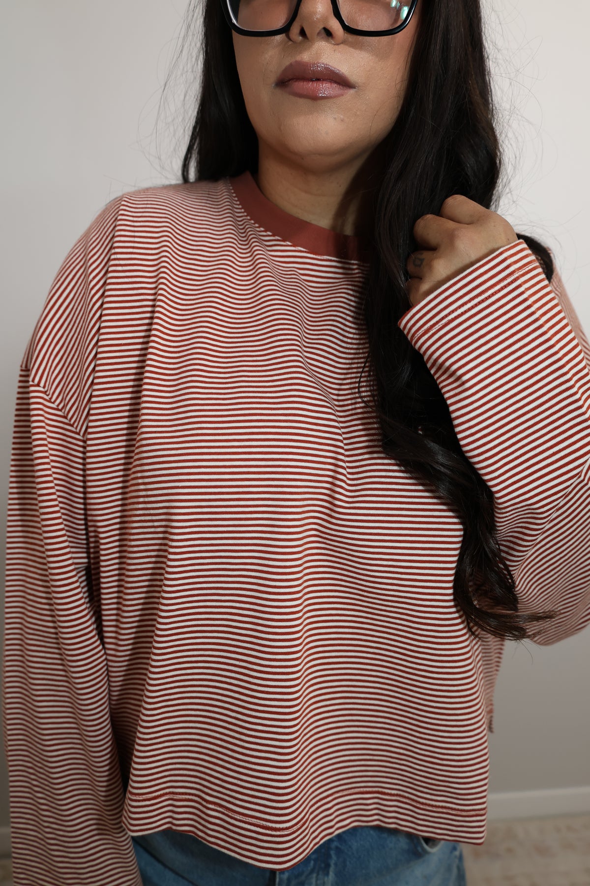 Watching The Leaves Fall micro stripe long sleeve shirt