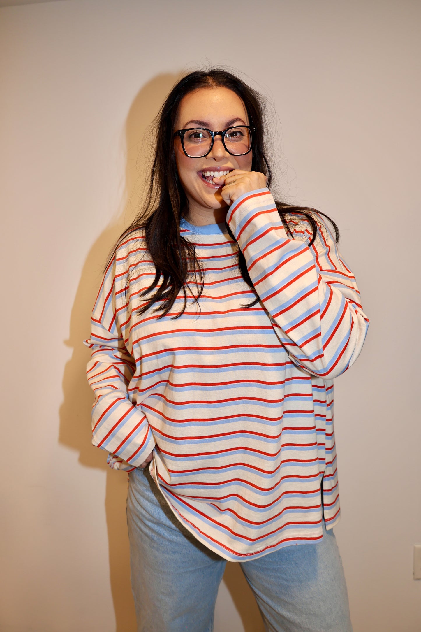 Wishlist - Red/Blue Oversized Striped Long-sleeve Top